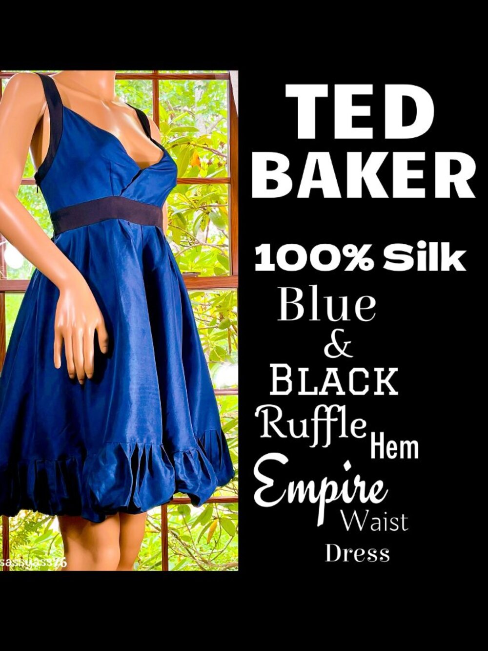 ▪️TED BAKER▪️100% Silk Blue & Black Ruffle Hem Empire Waist Dress